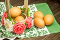 Easter russian still life. Eggs in a flower basket, sweets, rolls, prepared for rest on a wooden background Royalty Free Stock Photo