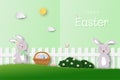 Easter\'s day greeting card with cute bunny and easter eggs in the garden,paper cut and craft style