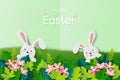 Easter\'s day greeting card with cute rabbits on beautiful garden,paper cut and craft style