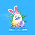 Vector Easter Party Flyer Illustration with painted eggs, rabbit ears and typography elements on nature blue background Royalty Free Stock Photo