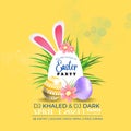 Vector Easter Party Flyer Illustration with painted eggs, rabbit ears and typography elements on nature blue background Royalty Free Stock Photo