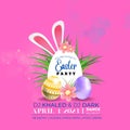 Vector Easter Party Flyer Illustration with painted eggs, rabbit ears and typography elements on nature blue background. Royalty Free Stock Photo