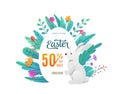 Easter sale background with discount offer text in egg isolated on white. Holiday greeting concept with minimalistic