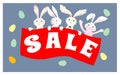 Easter Sale background poster with eggs and discounts percentage. Cute cartoon bunny rabbit with colored eggs. Vector