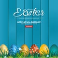 Easter Sale Banner Background Template on Wooden Backgrounds with Beautiful Colorful Spring Flowers and Eggs Royalty Free Stock Photo