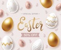 Easter Sale banner design concept with handwritten golden lettering and realistic decorative chicken and quail eggs in gold, white