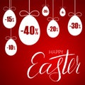 Easter sale banner. Easter hanging eggs, cartoon ribbon bow, red background. Tag template for holiday Easter decoration Royalty Free Stock Photo