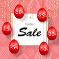 Easter sale banner. Hanging 3D Easter eggs, streamers gold ribbon, white frame, textured background. Template text for