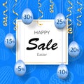 Easter sale banner. Hanging 3D Easter eggs, streamers gold ribbon, white frame, textured background. Template text for