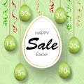 Easter sale banner. Hanging 3D Easter eggs, streamers gold ribbon, white frame, textured background. Template text for