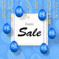 Easter sale banner. Hanging 3D Easter eggs, streamers gold ribbon, white frame, textured background. Template text for