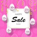 Easter sale banner. Hanging 3D Easter eggs, streamers gold ribbon, white frame, textured background. Template text for