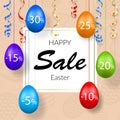 Easter sale banner. Hanging 3D Easter eggs, streamers gold ribbon, white frame, textured background. Template text for