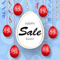 Easter sale banner. Hanging 3D Easter eggs, streamers gold ribbon, white frame, textured background. Template text for