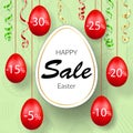 Easter sale banner. Hanging 3D Easter eggs, streamers gold ribbon, white frame, textured background. Template text for