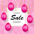 Easter sale banner. Hanging 3D Easter eggs, streamers gold ribbon, white frame, textured background. Template text for