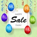 Easter sale banner. Hanging 3D Easter eggs, streamers gold ribbon, white frame, textured background. Template text for