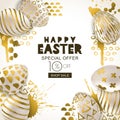 Easter sale banner. Vector golden 3d eggs hand painted decoration. Design for holiday flyer, poster, party invitation.