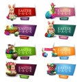 Easter sale, collection colorful discount banners with cartoon Easter icons and buttons