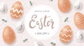 Easter Sale flyer design template with handwritten lettering, brown chicken eggs with white ornament and quail eggs