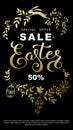 Easter sale flyer with wreath golden leaves and Easter bunny on