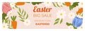 Easter sale horizontal banner template for promotion. Design with blue and pink painted eggs, flowers and leaves, carrot