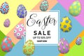 Easter sale lettering with colorful Easter eggs on modern geometric background. Template for Easter sale design. Vector. Royalty Free Stock Photo