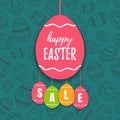 Easter sale offer, banner template. Colored eggs with lettering, isolated on blue seamless background. Easter paper eggs Royalty Free Stock Photo