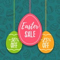 Easter sale offer, banner template. Colored eggs with lettering, isolated on blue seamless background. Easter paper eggs sale tags Royalty Free Stock Photo