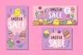 Easter sale posters or flyers design set with colorful eggs and spring flowers. Vector illustration. EPS Royalty Free Stock Photo