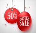 Easter Sale in red egg with 50% off price tag hanging in white background