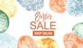 Easter sale shop banner. Colorful bright circles, eggs, botanical doodles. Spring design