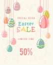 Easter sale special offer card with eggs and spring flowers. Modern template with pastel colors.