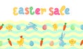 Easter sale vector cute banner with colored ornate eggs, cartoon chiken and Easter banny, rabbit on green spring grass field wave Royalty Free Stock Photo