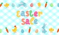 Easter sale vector cute banner with colored ornate eggs, cartoon chiken and Easter banny, rabbit on white blue traditional tablecl Royalty Free Stock Photo