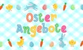 Easter sale vector German cute banner with colored ornate eggs, cartoon chiken and Easter banny, rabbit on white blue traditional
