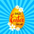Easter sale vector illustration with egg, flowers on a sunburst background Royalty Free Stock Photo