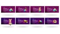 Easter sales and discount week, large set modern purple horizontal discount banners with buttons and Easter icons