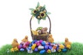 Easter scene with chocolate eggs and chickens