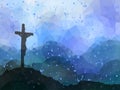 Easter scene with cross. Jesus Christ. Watercolor vector illustr Royalty Free Stock Photo
