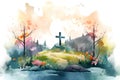 Easter scene with cross Jesus Christ Watercolor vector illustration. Generative AI Royalty Free Stock Photo