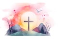 Easter scene with cross Jesus Christ Watercolor vector illustration. Generative AI Royalty Free Stock Photo