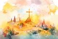 Easter scene with cross Jesus Christ Watercolor vector illustration. Generative AI Royalty Free Stock Photo