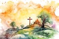 Easter scene with cross Jesus Christ Watercolor vector illustration. Generative AI Royalty Free Stock Photo