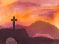 Easter scene with cross. Jesus Christ. Watercolor vector illustration Royalty Free Stock Photo