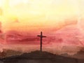 Easter scene with cross. Jesus Christ. Watercolor vector illustration Royalty Free Stock Photo