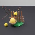 Easter scene with eggs and wooden fence and green grass on a black-grey background. Minimal Easter composition Royalty Free Stock Photo