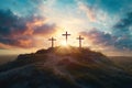 Easter scene featuring three crosses on a hill with sun rays and a beautiful cloudy sky Royalty Free Stock Photo