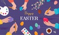 Easter scene - happy family preparing for Easter. Mother, father and daughters are painting eggs. Vector illustration