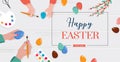 Easter scene - happy family are preparing for Easter. Mother, father and daughters are painting eggs. Vector Royalty Free Stock Photo